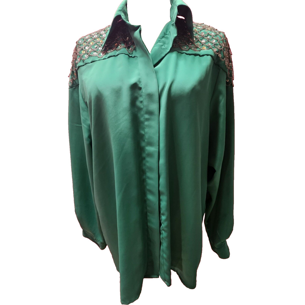 Vintage Harbor Vue Green Mermaid Beading Sequin Shoulder Top Shirt 12‎ Large
